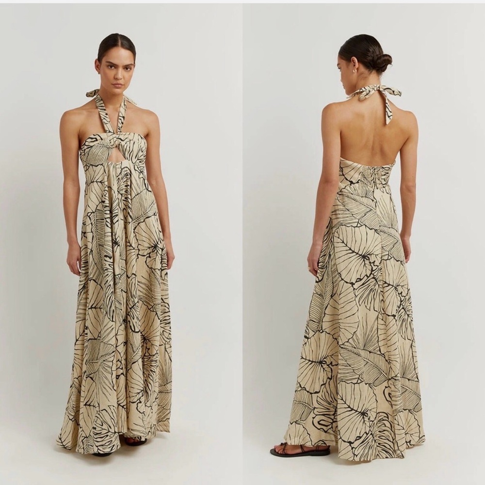 Dissh Malta palm linen Halter Floral Maxi Dress in Beige and Black